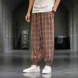 Chinese Style Ice Cotton Casual Pants Men Summer Breathable Thin Section Harem Pants Comfortable Loose Plaid Pants