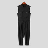 Men Jumpsuits Solid Lapel Sleeveless Multi Pockets Fashion Rompers With Belt Streetwear Casual Cargo Overalls Men