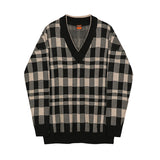 Autumn Winter Men's Fashion V-neck Plaid Sweater Tops Men Korean V-neck Knitted Tops Male Long Sleeve Loose Jumpers