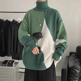 Foesce Fashion Turtleneck Knitted Spliced All-match Asymmetrical Sweater Men Clothing  Autumn New Casual Pullovers Loose Warm Tops