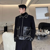 Men Wool Splice Leather Loose Casual Vintage Fashion Short Jacket Outerwear Male Korean Streetwear Business Coat