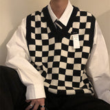 Foesce New Autumn Arctic Velvet Checkerboard Pattern Men's Sweater Vest Retro V-neck Sleeveless Knit Vest Woolen Korean Clothes