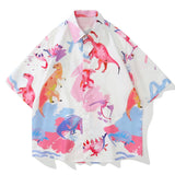 Foesce Hip Hop Oil Painting Dinosaur Print Shirt Men Women Harajuku Short Sleeve Botton T Shirt Summer Casual Loose Shirt