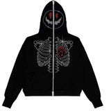 Goth Zip Up Hoodie Rhinestone Skeleton Grunge Oversized Sweatshirts Y2K Jackets Hoodies Men Streetwear Retro Sudaderas Pullover