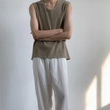 Spring Fall Thin Tank Top Men Sleeveless Loose Pullover Tees Trendy Pure Color Knitted Ribbed Vest Shirt Men's Clothing Knitwear