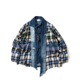 Men's Vintage Tao Robe Jacket Hi Street Loose Plaid Patchwork Cardigan Coat for Male