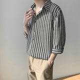 High Quality Houndstooth Three Quarter Sleeve Shirt Mens Autumn Thin Korean Fashion Loose Casual Designer Clothes Men Shirt