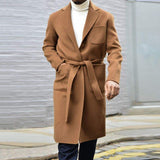 Khaki Woolen Men Coat One Piece Business Blazer Overcoat With Belt Winter Warm Wedding Groom Formal Work Party Causal Tailored