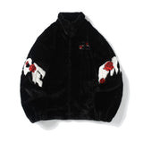 Men Fleece Jacket Coats Hip Hop Rose Flower Letter Winter Parka Jacket Streetwear Casual Harajuku Fashion Zip Up Fashion Outwear