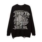 Foesce Harajuku Priest Salvation Printed Knitwears Women Streetwear Hip Hop Destroyed Hole Ripped Pullovers Jumper Oversized Men