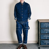 Men's Indigo Vest French Vintage Heavy Weight Thick Kendo Fabric Waistcoat Blue Dyed Multi-pocket Suit Vest Autumn Casual Coat