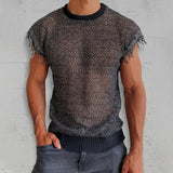Foesce Men Summer Sleeveless O Neck Basic Pullover Tee For Man Clothing Casual Tassel Solid Shirt 2023 Hollow Knit Vest Top Streetwear