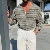 Foesce New Mens Linen T-Shirts Loose Long Sleeve V Neck Casual Tops Male Clothing Vintage Striped Printed Tee Shirt Fashion Pullovers