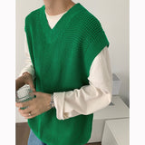 Black Blue Green V-neck Sweater Vest Men Fashion Casual Knit Pullover Men Korean Loose Jumper Vest Mens Knitted Sweater Vest