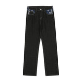 Foesce Waist Cashew Print Letter Pactchwork Ripped Jeans Mens Streetwear Straight Washed Retro Oversized Casual Denim Pants Unisex