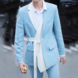 Foesce Blue and White Splicing Casual Slim Suit Suit Male Elegant Gentleman Business Slim All-match Fashion Casual Two-piece Suit
