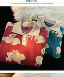 Embroidery Animal Rabbit Sweater Preppy POLO Collar Shirt Pullover Thicken Winter Y2K Tops Harajuku Red Green Kawaii Clothes