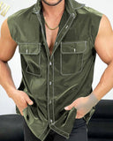Fashion Men Shirt Solid Color Lapel Sleeveless Streetwear Button Pockets Casual Shirts Summer Leisure Camisas 5XL 7