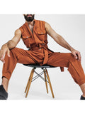 Men Jumpsuits Solid Lapel Sleeveless Multi Pockets Fashion Rompers With Belt Streetwear Casual Cargo Overalls Men