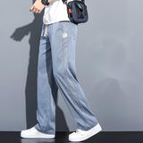 Summer New Soft Lyocell Fabric Men's Jeans Thin Loose Straight Pants Drawstring Elastic Waist Korean Trend Y2k Casual Trousers