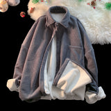 Solid Color Thicken Men Shirts Harajuku Casual Waffle Long Sleeve Male Blouses Turn-down Collar Autumn Winter Shirts