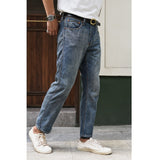 Mens Jeans Selvedge Denim Jeans for Men  Summer Distressed Wash Jeans Ankle Length Slim