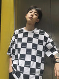 Men Short-slleve Shirt Men's Loose Vintage Black White Plaid T-shirt Student Japan Korean Summer Hip-hop Street Vitality Tops