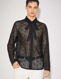 Foesce  Men Shirt Mesh Hollow Out Streetwear Lapel Lace Up Long Sleeve Shirts Sexy Transparent Party Fashion Camisas S-5XL