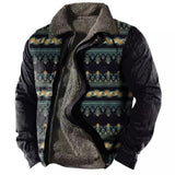 Foesce Winter Mens Warm Thick Fleece Lining Jackets Vintage Pattern Print Patchwork Turn-down Collar Buttoned Coats Men Outerwear