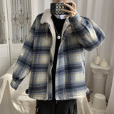 Men's Lamb Wool Cotton-Padded Jacket, Thick Fleece Lined Coat, Warm Couple's Plaid Outerwear, Trendy Loose Fashion Brand, Winter