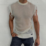 Foesce Men Summer Sleeveless O Neck Basic Pullover Tee For Man Clothing Casual Tassel Solid Shirt 2023 Hollow Knit Vest Top Streetwear