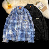 Tassel Plaid Shirt Men's Long Sleeves Turndown Collar Women Loose Spring Autumn Shirts Single-breasted Tops Couple Button Jacket