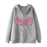 Y2k Zip Up Hoodie Women Hip Hop Heart Graffiti Letter Print Hooded Sweatshirts Female Harajuku Goth Punk Jacket Coats Streetwear