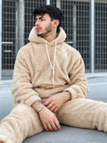 Foesce Men's Hoodie Outfit Solid Fluffy Fleece Sweatshirts with Trouser Two Piece Set Fall Winter Streetwear Hooded Hoodie Suits